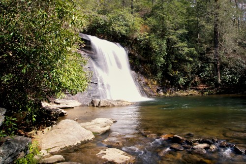 A serene waterfall cascades over rocks into a calm pool, surrounded by lush greenery and trees.