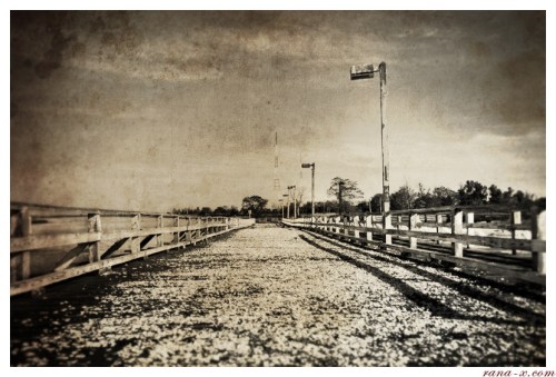 A weathered wooden pier stretches into the distance, lined with posts and surrounded by a serene landscape.