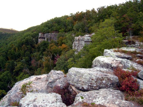 A rocky cliffside surrounded by lush green trees and autumn foliage under a cloudy sky.