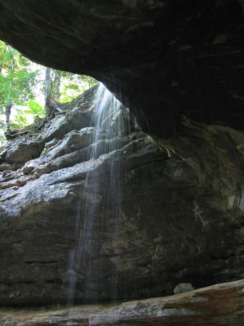A waterfall cascades down rocky cliffs, surrounded by lush greenery and sunlight filtering through the trees above.
