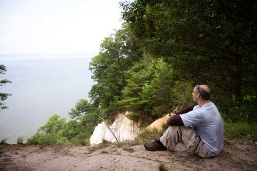 A person sits on a cliff overlooking a calm body of water, surrounded by trees and greenery.