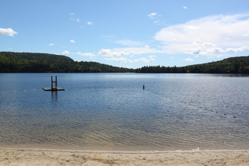 A serene lake with a sandy shore, surrounded by trees and a clear blue sky, featuring a swimming platform in the water.