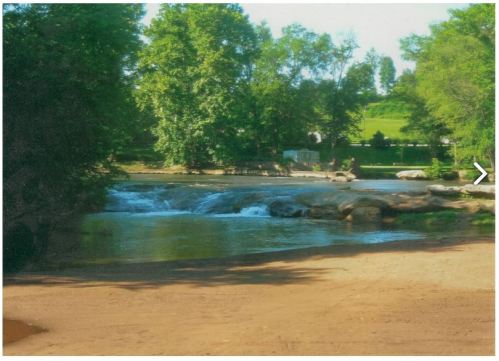 A serene river scene with gentle rapids, surrounded by lush green trees and rocky banks under a clear sky.