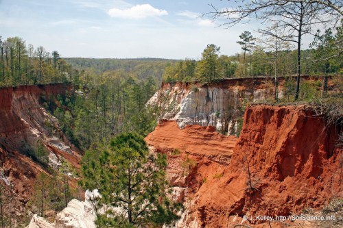 A scenic view of red clay cliffs and lush green trees under a blue sky in a canyon landscape.
