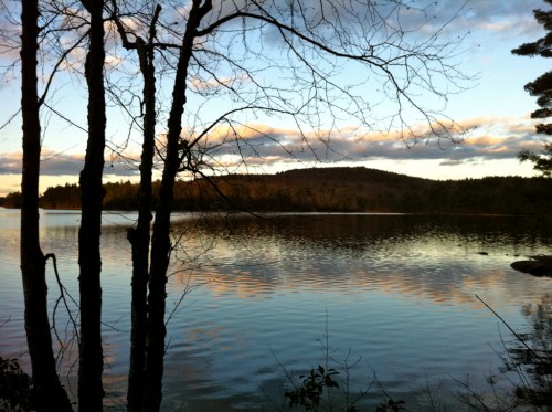 A serene lake scene at sunset, framed by bare trees and reflecting colorful clouds in the water.