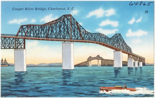 Illustration of the Cooper River Bridge in Charleston, SC, with a boat in the foreground and a clear blue sky.