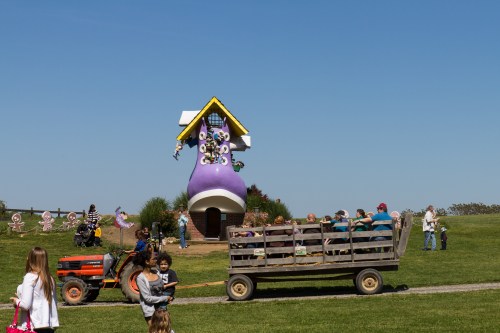 A large purple shoe-shaped building with children playing nearby and a wagon filled with kids being pulled by a tractor.