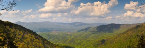 A panoramic view of lush green mountains under a blue sky with fluffy white clouds.