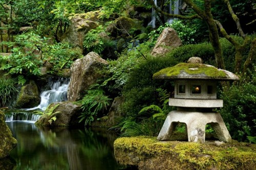 A serene garden scene featuring a moss-covered lantern beside a tranquil pond and cascading waterfall.