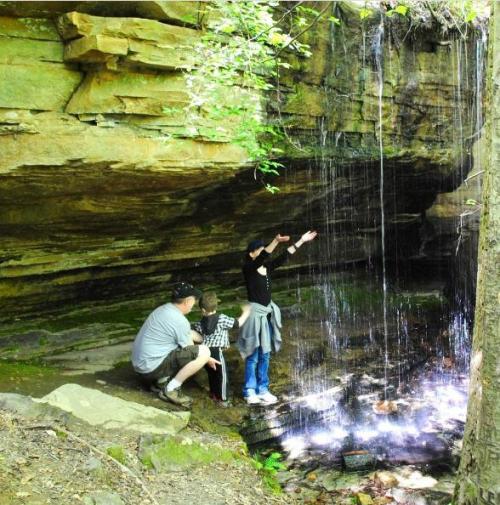 A family stands near a waterfall in a rocky, green forest, with one child reaching out to the water.