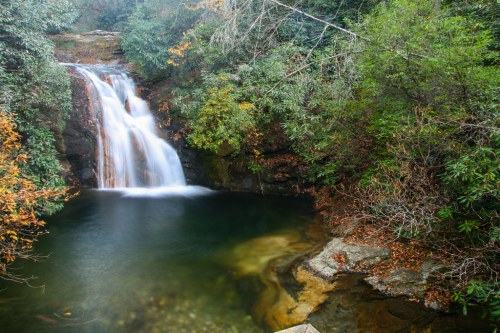 A serene waterfall cascades into a tranquil pool, surrounded by lush greenery and autumn leaves.