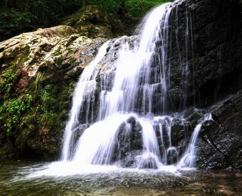 A serene waterfall cascading over rocky terrain, surrounded by lush greenery in a tranquil forest setting.