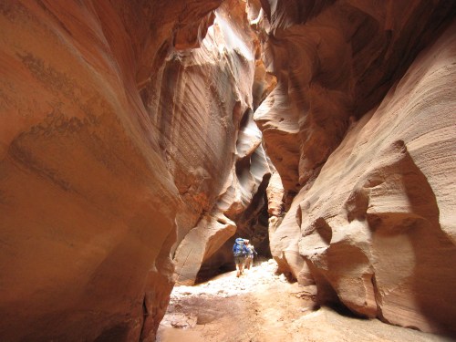 A hiker walks through a narrow, winding canyon with towering, textured sandstone walls.
