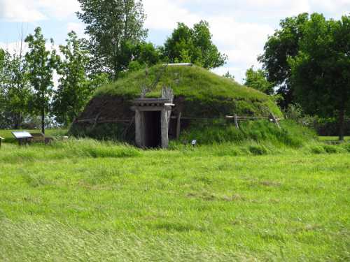 A grassy, dome-shaped structure surrounded by trees and tall grass, resembling a traditional earth lodge.