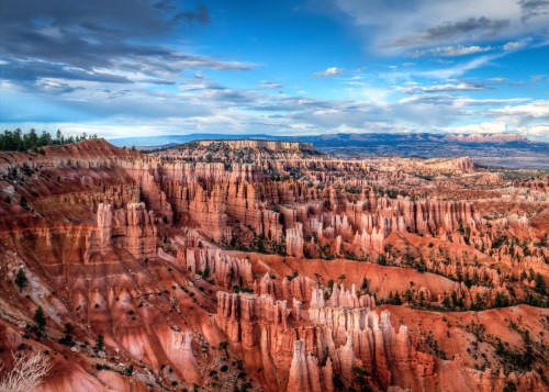 A panoramic view of Bryce Canyon's red rock formations under a blue sky with scattered clouds.