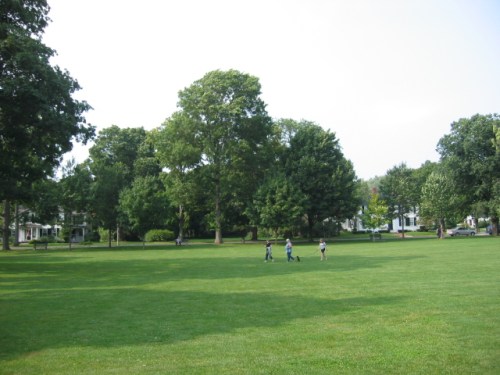 A spacious green park with trees and three people walking on the grass.