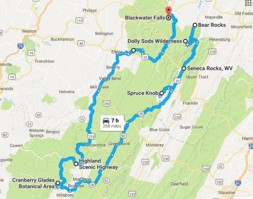 Map showing a scenic route through West Virginia, highlighting attractions like Blackwater Falls and Dolly Sods Wilderness.