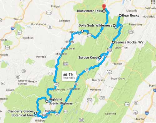 Map showing a scenic route through West Virginia, highlighting attractions like Blackwater Falls and Dolly Sods Wilderness.