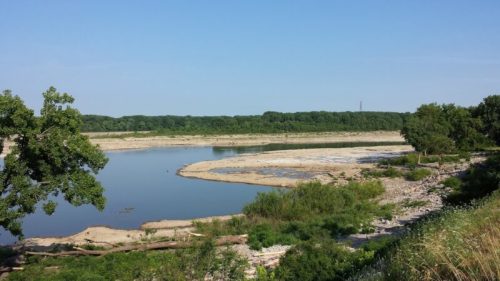 A serene river landscape with a sandy bank, lush greenery, and clear blue skies in the background.