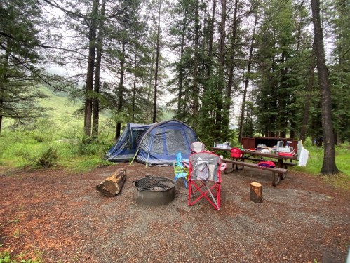 A campsite with a blue tent, picnic table, chairs, and a fire pit surrounded by tall trees and greenery.