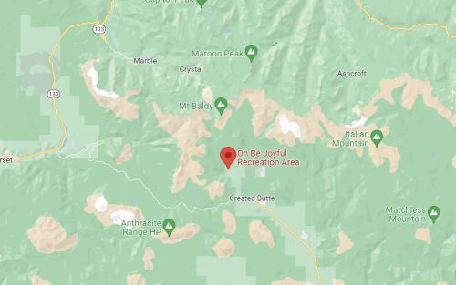 Map showing the location of the "Oh Be Joyful Recreation Area" near Crested Butte, Colorado, surrounded by mountains.