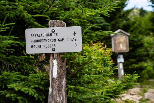 Signpost indicating directions to Appalachian Trail, Rhododendron Gap, and Mount Rogers, surrounded by greenery.