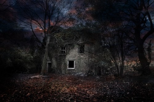 An eerie, abandoned house overgrown with vegetation, set against a dark, moody sky at dusk.