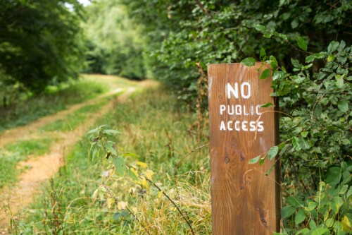 A wooden sign reading "No Public Access" beside a narrow, overgrown path in a wooded area.