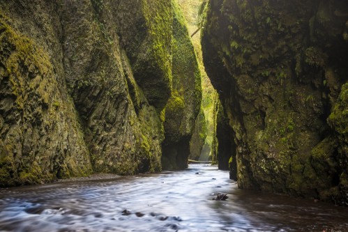 A serene river flows through a narrow, moss-covered canyon with towering rock walls and soft, diffused light.