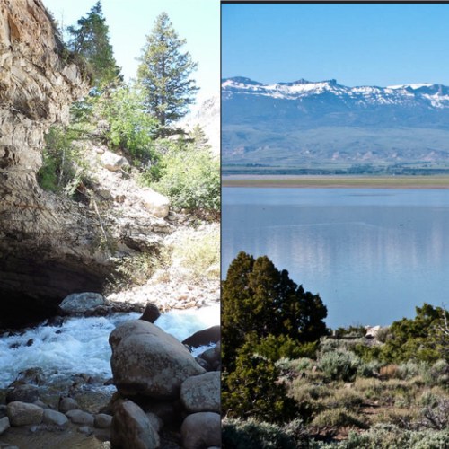 A split image showing a rocky riverbank on the left and a serene lake with mountains in the background on the right.