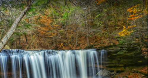 A serene waterfall cascades over rocks, surrounded by vibrant autumn foliage and lush greenery.