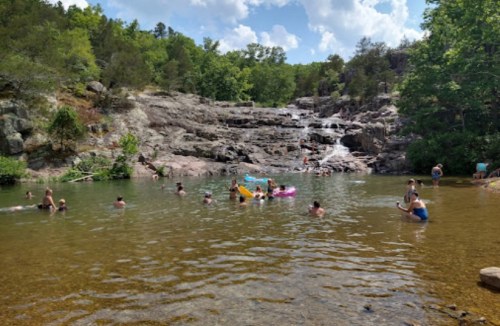 People swimming and relaxing in a natural pool near a waterfall, surrounded by trees and rocky terrain.