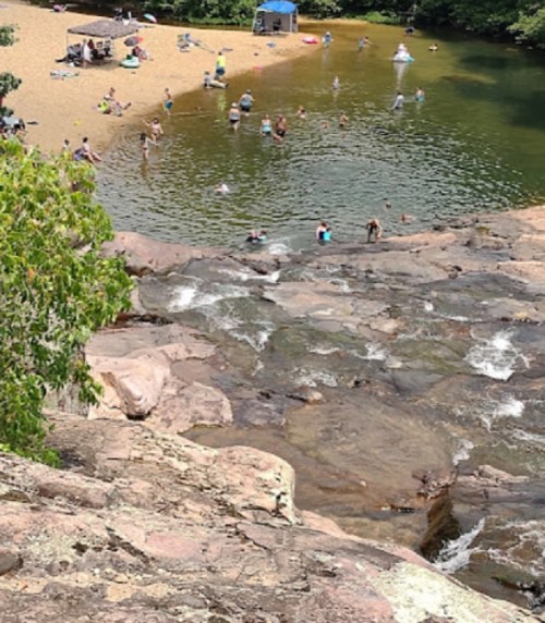 A scenic view of a river with people swimming, a sandy beach, and trees surrounding the area on a sunny day.