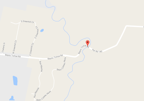 Map showing Bayou Tortue Road and nearby roads, with a marker indicating a specific location along the waterway.