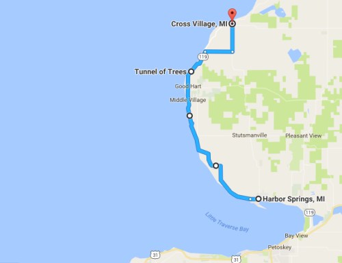 Map showing a route from Harbor Springs, MI, to Cross Village, MI, via Tunnel of Trees along the coastline.