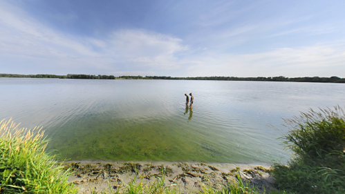Two people wade in a calm lake, surrounded by lush greenery and a clear blue sky.