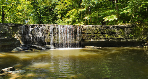 A serene waterfall cascading over a rocky ledge into a calm pool, surrounded by lush green trees.