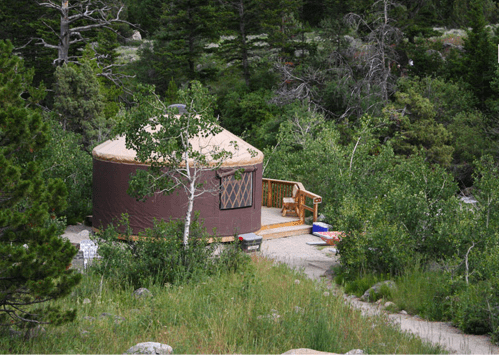 A cozy yurt nestled among trees, with a wooden deck and pathway leading through lush greenery.
