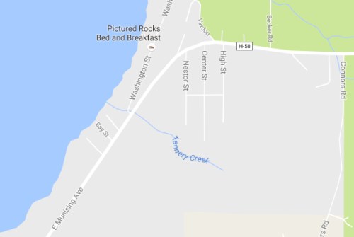 Map showing streets near Pictured Rocks Bed and Breakfast, including Washington St, High St, and Tanner Creek.