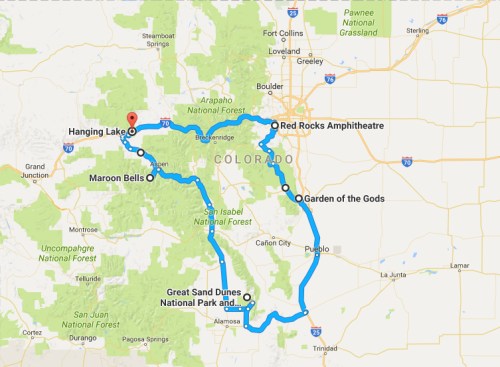 Map of Colorado highlighting scenic locations: Hanging Lake, Maroon Bells, Red Rocks Amphitheatre, and Garden of the Gods.