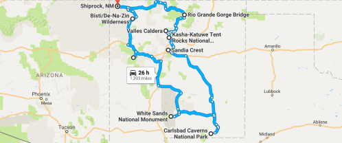Map showing a road trip route through New Mexico, including stops at various national parks and monuments.
