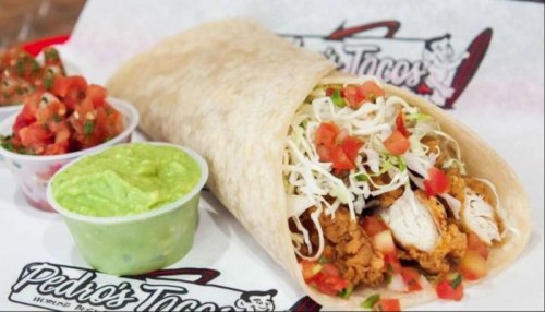 A large tortilla wrap filled with chicken, lettuce, and tomatoes, served with salsa and guacamole on the side.
