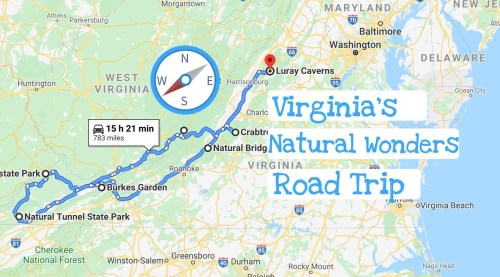 Map showing a road trip route through Virginia, highlighting natural attractions like Luray Caverns and state parks.