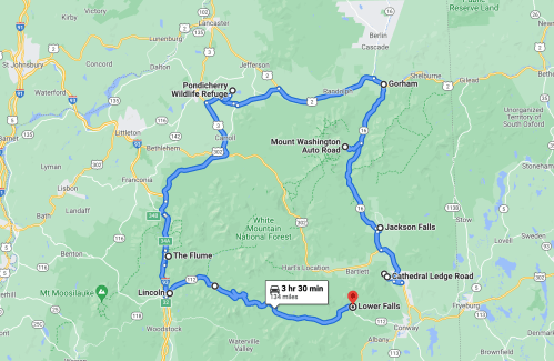 Map showing a scenic driving route through New Hampshire, including stops at various natural attractions.