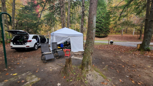 A campsite with a white tent, two chairs, a car parked nearby, and autumn foliage in the background.