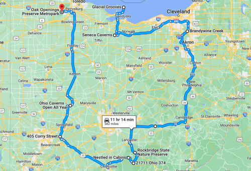 Map showing a route through Ohio, highlighting attractions like Seneca Caverns and Rockbridge State Nature Preserve.