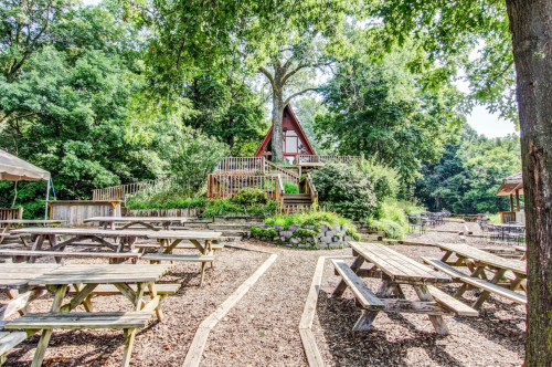 A rustic A-frame cabin surrounded by trees, with picnic tables and a gravel path in a serene outdoor setting.