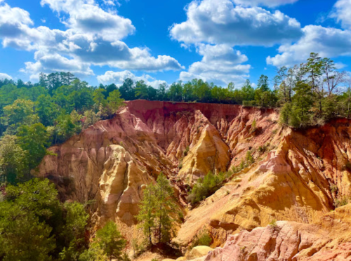 A colorful canyon with layered rock formations, surrounded by green trees and a blue sky with fluffy clouds.