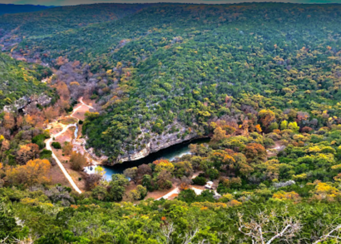 Aerial view of a lush, green valley with winding paths and a river, surrounded by colorful autumn foliage.