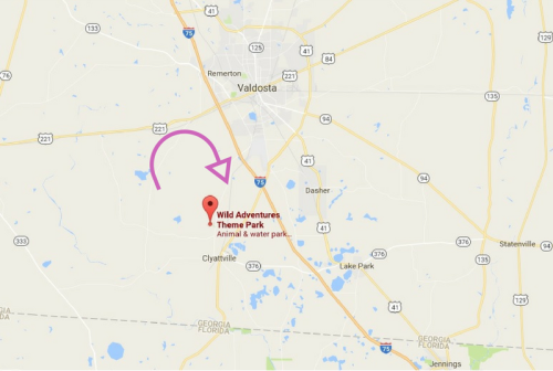 Map showing the location of Wild Adventures Theme Park near Valdosta, Georgia, with an arrow indicating its position.